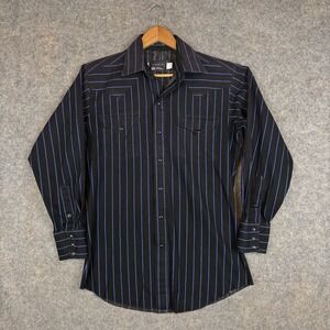 VTG Panhandle Slim Western Shirt Mens 15.5 33 Black Striped Pearl Snap USA Made